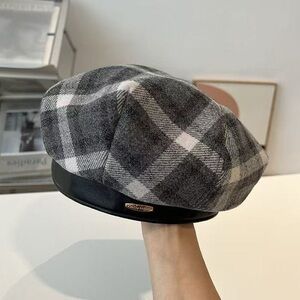 Plaid Beret with Black Leather Trim